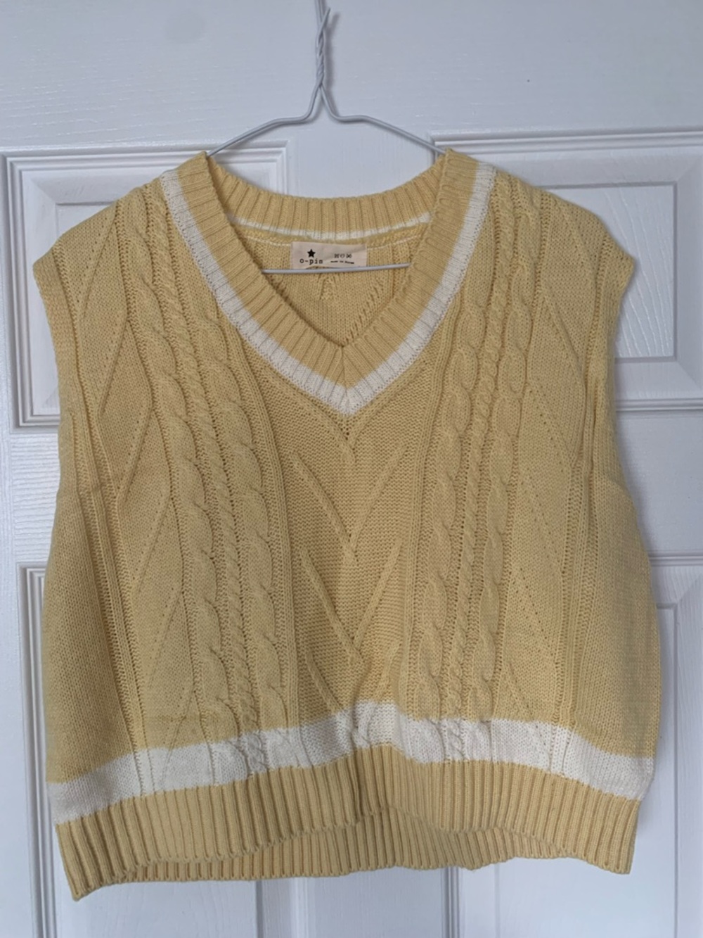 V-Neck Cable Knit Sweater Vest in Pale Yellow with White Trim